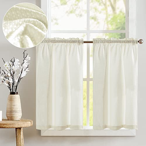 Vangao Waffle - Cortinas opacas modernas de color beige, para cocina, monocolor, juego de 2 unidades, 90 x 115 cm, estilo rústico, cortas, con barra, para salón, caravana