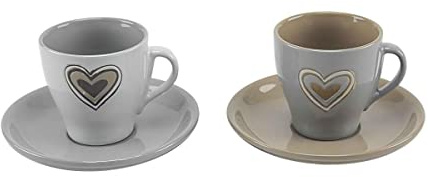 Set 6 Tazzine Tazze Caffe' in Ceramica Cuore con Piattini 200 ml 3 Colori