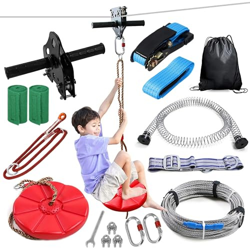 SPRINGOS Tyrolienne Enfant 30m Acier Inoxydable – Kit Zipline avec Siège, Chariot, Frein Ressort, Mousquetons – Charge 120 kg – Jeu Plein Air Jardin