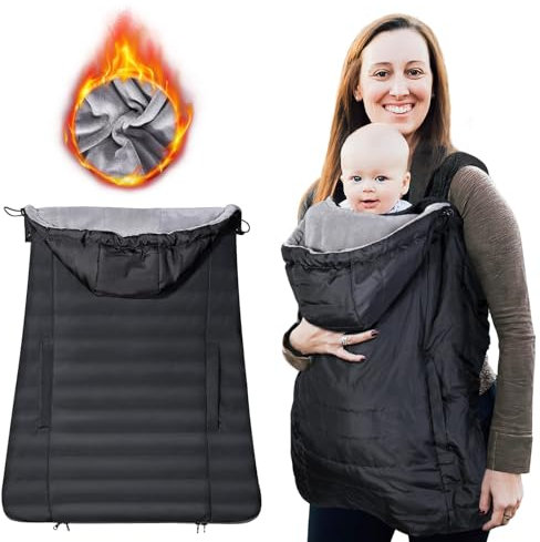 Orzbow Regenschutz Babytrage,Wasserdicht Winter Tragecover mit Abnehmbare Kapuze mit Kordelzug,Korallenvlies-Futter,Vordertasche, Reißverschluss Unten,für Winter,Frühling,Herbst (Schwarz)