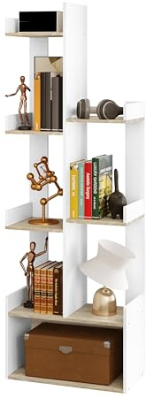 EUGAD Bücherregal Standregal in Baumform mit 8 Fächer 49x146x25 cm, | Regal, Bücherschrank für Bücher CD DVD, mit Rückenwänden, für Wohnzimmer Büro, aus Holzwerkstoff, weiß, helle Eiche