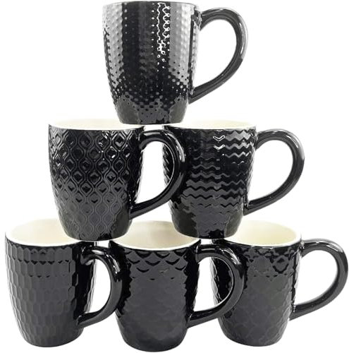 Hoikwo 380ml Kaffeetassen Set 6er, Kaffeebecher mit Reliefmuster – Moderne Becher Porzellan für Kaffee, Tee, Cappuccino, Latte, Milch, Kakao, Saft und weitere Heißgetränke (Schwarze Tassen)