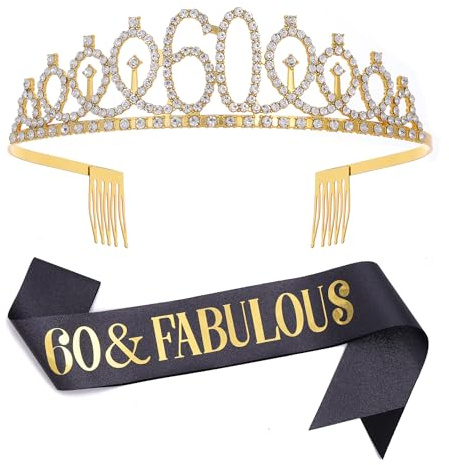 Ensemble écharpe et diadème en strass avec inscription « 60 & Fabulous » - Cadeau d'anniversaire pour femme - Noir et doré - Décoration de fête d'anniversaire pour 60e anniversaire - Noir, Large,