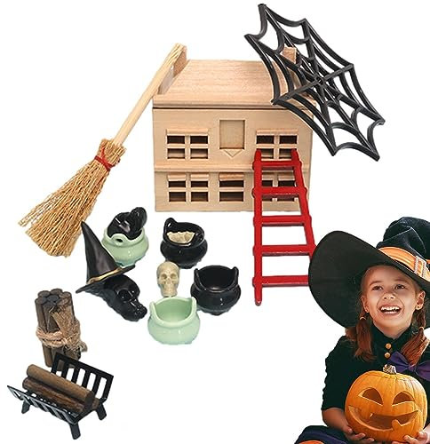 HMLTD Halloween-Dorf-Dekoration | Holzhaus Miniatur-Bausatz | Wiederverwendbare -Halloween-Dekorationen für Hof, Spukhaus und Schlafzimmer