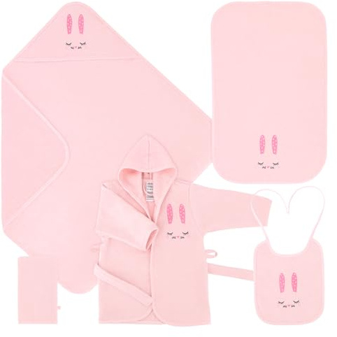 Celodoro Baby Geschenk Set 5-teilig - Geschenkbox mit Bademantel, Kapuzenbadetuch, Handtuch, Waschhandschuh, Lätzchen - für Kleinkinder 0-12 Monate