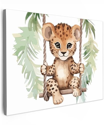 MuchoWow© Bilder 40x30 cm Wohnzimmer Deko Modern Wandbild Kunstdruck auf Leinwand Bild Schlafzimmer über Bett Room Decor Geschenke Leopard - Tier - Kinder - Dschungel - Kinder - Babyzimmer