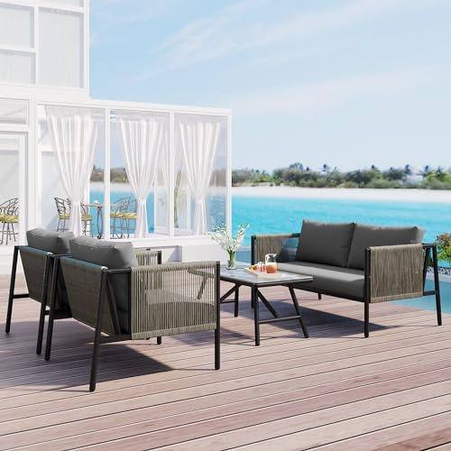 YESGIGA Lounge-Set, Gartenmöbelset mit verzinktem Eisengestell, Tischplatte aus Glas,inklusive Kissen (Grau)
