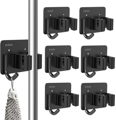 3-H Besenhalterung Wand Selbstklebend 6 Stück Gerätehalter, Schwarz | Besenhalter ohne Bohren,Edelstahl Besen Wandhalterung mit Haken,Gartengerätehalter,Werkzeughalter für Küche Badezimmer Garten