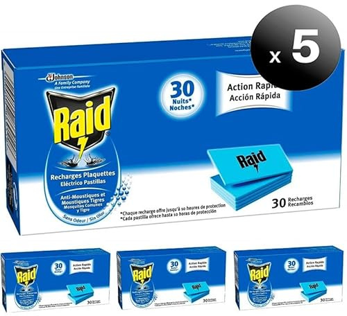 Pack de 150 Pastillas. Raid de SC Johnson, Recambio Difusor Eléctrico Anti Mosquitos Comunes y Tigre, Acción Rápida