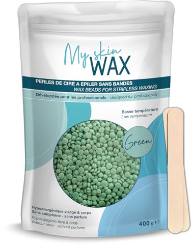 My Skin Wax - Perlas de Cera para Depilación Sin Bandas 400g, Hipoalergénico, Depilatoria Indolora Sin Enrojecimiento, Especial Para Pieles Sensibles Hombre Mujer, Depilar Facial, Brasileño, Verde