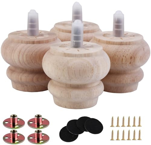 Txcucc 2 Inch Wooden Unfinished Bun Feet for Dresser Legs Couch Sofa Cabinet Ottoman DIY Replacement Wood Furniture Legs Set of 4 M8 Bolt Screw in (2”) Patent Application