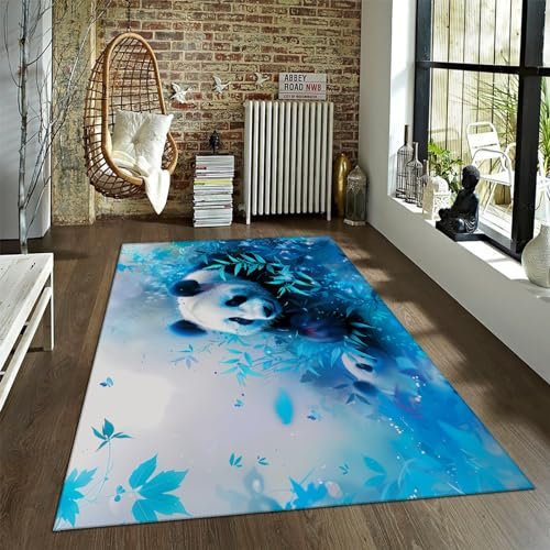 BYLEEHOMED Blauer Teppich 90x180cm Niedlicher Panda und Bambusblatt Flächenteppich Rutschfester Eingangsteppich für Schlafzimmer, Wohnzimmer oder Büro Inneneinrichtung