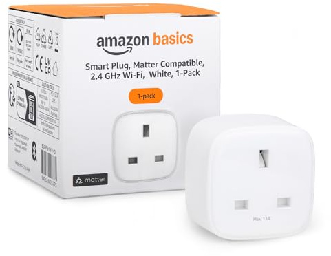 Amazon Basics Smart Plug, Matter Compatible, Compatible with Amazon Alexa, Google Home, Apple HomeKit, Matter Hub Required, 2.4 GHz Wi-Fi only, White, 1-Pack