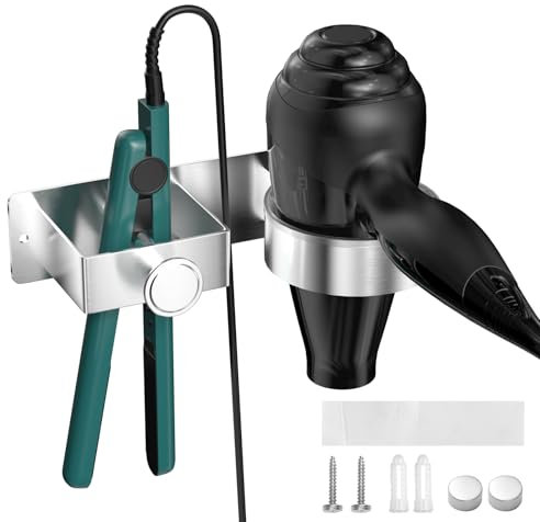 Chiluxendo Porta Phone Bagno da Muro, Porta Asciugacapelli da Parete, Supporto Phon e Piastra Senza Foratura, Portaphone da Bagno Autoadesivo, per Camere da Letto Toilette Barbiere (Argento)