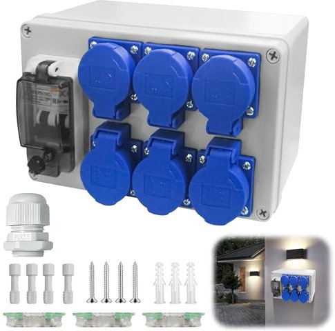 Distributore di corrente da costruzione, 16 A, 230 V, con collettore Fi, 6 prese, interruttore automatico, IP65, impermeabile, per interni ed esterni, distribuzioni di corrente di costruzione,