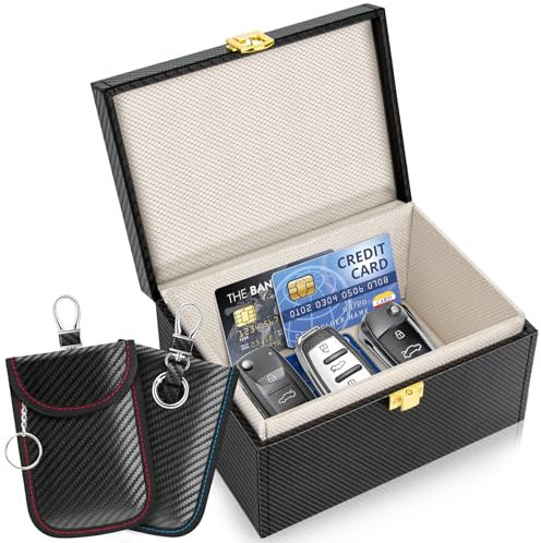 JUYANO Keyless Go Schutz Autoschlüssel Box, Faraday Box mit 2 Faraday Bag Autoschlüssel Schutz Keyless RFID Blocker Anti-Hacking Diebstahlschutz für Kreditkarte und Auto 18 x 13 x 10cm