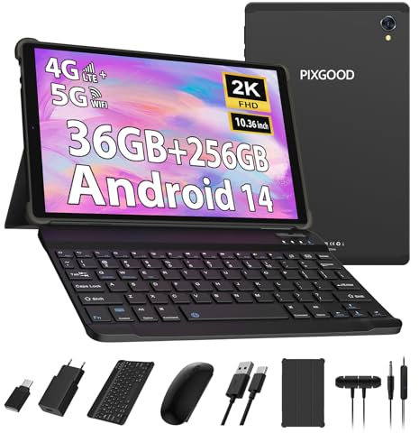PIXGOOD 2K Tablet 10,4 Pollici, 4G LTE+5G WiFi, 36GB RAM+256GB ROM (2TB TF), Android 14 Tablet PC, Octa-Core, INCELL 2000 * 1200, 8000mAh, 13MP+8MP, GPS, Tablet in offerta con tastiera ect (Nero)