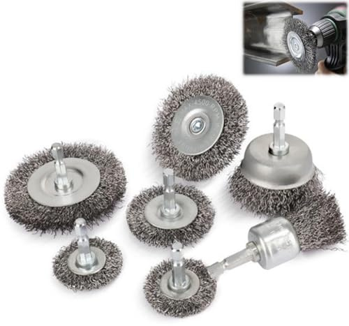 Docache Set de 7 brosses métalliques pour perceuse, brosses métalliques pour visseuse sans fil Brosse abrasive, avec tige hexagonale Set de brosses métalliques, pour enlever la rouille/la corrosion/la