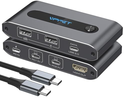 USB C KVM Switch 1 Monitore 2 Computer 4K@60Hz KVM-Switches für 2 Computer Sharing 1 Monitor Tastatur Maus 3 USB2.0 Port Unterstützung bis zu 100W Aufladen