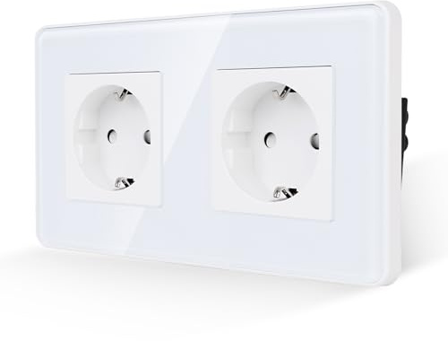 JIMEIDA Enchufe doble blanco, placa de cristal curvado 2,5D, 16 A, enchufe Schuko, empotrado, enchufe de pared, 157 x 86 mm, 250 V