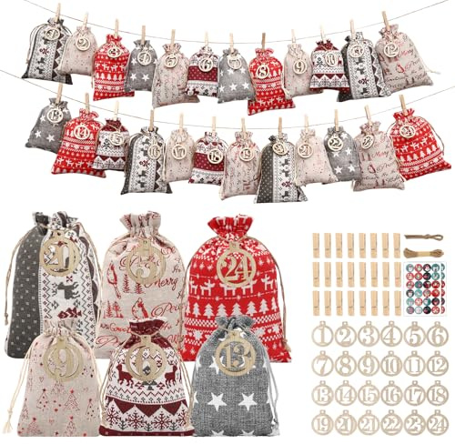 Votoko Calendario de Adviento 2025 para rellenar, 24 sacos para calendario de Adviento, 2 bolsas de tela para calendario de Navidad, bolsas de Adviento para rellenar para niños y adultos (Beige)