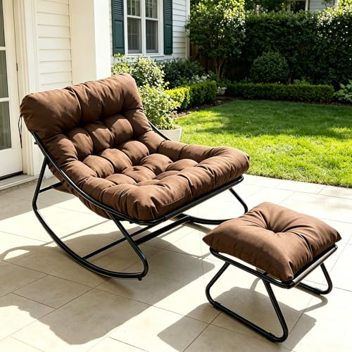 NomadNomics Schaukelstuhl Outdoor Wetterfester mit Gepolsterter,Schaukelsessel Wohnzimmer mit Hocker,XXL Loungesessel Outdoor bis 150kg,Stillsessel Bequem für Garten Balkon Terrasse