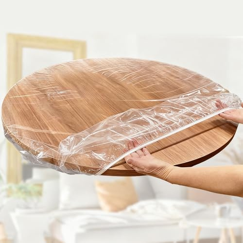 LANSKYLAN Nappe Plastique Transparente Protège Table Ronde Nappe Ronde Transparente Imperméable avec Elastique Film Anti-Graisse Nappé en PVC Plastifiée Protege Table Ronde Transparent