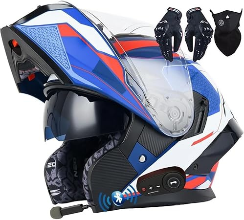 Casco De Moto Modular con Bluetooth, Integral, Abatible, con Doble Visera, Homologado por Dot/ECE, con Altavoz Y Micrófono Duales, para Adultos, Hombres Y Mujeres. I,XL(61~62CM)