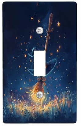 Halloween Witch Magic Broom Decorative Light Switch Cover Plate 1 Gang Single Toggle, Fun Fantasy Witchy Hat Electrical Switchplate, Witchy Scenic Electrical Faceplate for Bedroom Room