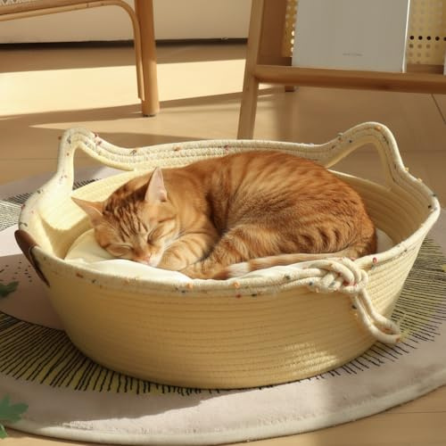 Alyxen Katzenbett Waschbar, Katzenkorb zum Schlafen aus Baumwollseilen, Rund Katzenkörbchen Baumwollekissen, Schlafplatz Bettchen Haustierbett Körbchen Hundebett für alle Jahreszeiten, 40 * 40 * 15CM