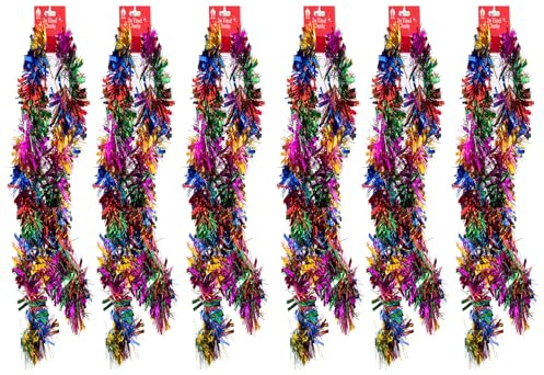 Christmas Tinsel Chunky Garland - Pack of 6, 2m Long Shiny Foil Decorations - For Xmas Tree, Party & Home Hanging Decor (Rainbow)