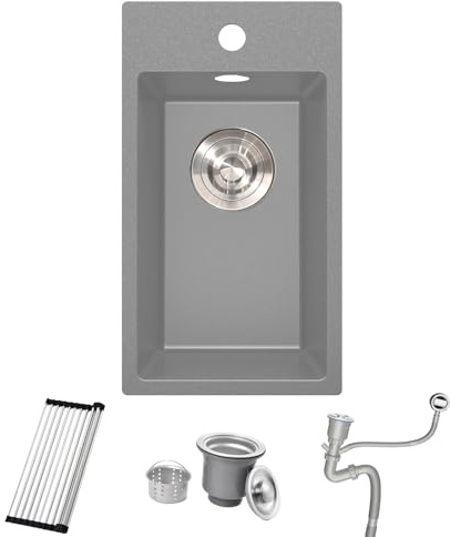 Bokaiya Evier Cuisine en Granit Gris 28x50cm, Lavabo 1 bac, Évier à Encastrer al Mueble 30cm, avec Bonde et Kit de Trop-Plein, Grille Enroulable et Siphon