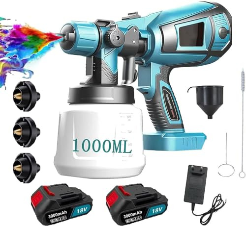 Akku-Farbsprühsystem für Wand- und Latexfarben im Innenbereich, 8m²-10 min, Behälter 1000 ml, 500 W, für Möbel, Wand, Türen, Zaun, DIY（2 * 3000mAh）