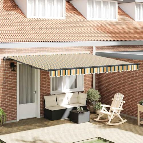 Markisenbespannung Manuelle Gelenkarmmarkise,Einziehbare Markise Grün und Gelb 400 x 300 cm Stoff,Für Outdoor Terrasse Balkon,Einfache Montage Ohne Bohren