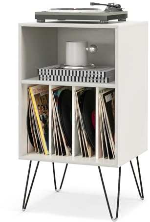 COSTWAY Record Player Stand, Wooden Turntable Stand End Sofa Side Table with 5 Shelves for 150 Albums, Metal Legs Vinyl Record Storage Cabinet Holder for Living Room Bedroom (White)