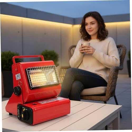 Butane Heater for Camping, 24x28.5cm Portable Camping Heater with Cooking Grater, Adjustable Propane Heaters for Tent, RV & Ice Fishing (Red)