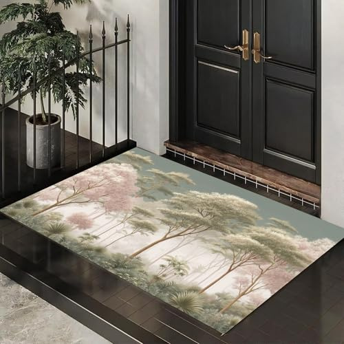 DUOTCYELE Felpudo Árboles Bosques Arbustos, Alfombrillas para Interiores, Felpudo Plantas De Acuarela Antideslizante de Perfil Bajo para Entrada Cocina Puerta Trasera, 40 x 60 cm