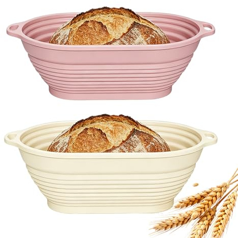 Beyinkoy Silicone Bread Proofing Basket, 2 Pack Foldable Bread Proofing Bowl with Dual Handles & Built-In Reinforced Rim, Non-stick Sourdough Baking Bowl, Suitable for Bakers (Pink+Off-White, Oval)