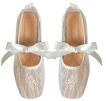 SOLY HUX Women's Ballet Flats Floral Lace Square Toe Bow Tie Slip on Ballerina Shoes Dressy Office Casual Dolly Shoes Size UK 4-8