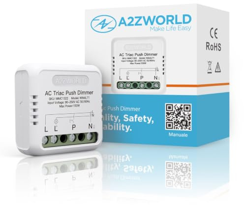 Push AC TRIAC Dimmer 220V 150W, Taglio di Fase Con Pulsante, Comando Fase o Neutro, Regolabile 10-100%, Sincronizzabile e Memoria, Da Incasso e Guida DIN,Per Luci Led Dimmerabile
