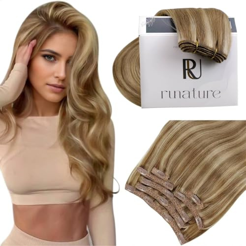 RUNATURE Clip Extensions Echthaar Braun Hervorheben 50cm 7pcs 120g #10P16 | Clip in Extensions Echthaar–hitzebeständig, Remy, geschmeidig. Traumhaft voller und natürlicher Look.