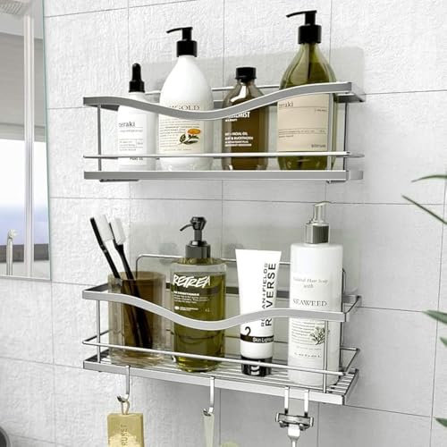 KINCMAX 2X Duschablage ohne Bohren - Edelstahl Badezimmer Organizer - Duschregal ohne Bohren - Badaccessoires - Duschkorb selbstklebend mit Haken - Bathroom Organizer - Silber