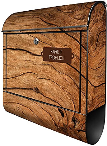 banjado Design Briefkasten personalisiert Motiv Trockenes Holz 38,5x46,5x13cm & 2 Schlüssel - Briefkasten Stahl Schwarz Zeitungsfach pulverbeschichtet - Postkasten A4 Einwurf inkl. Montagematerial