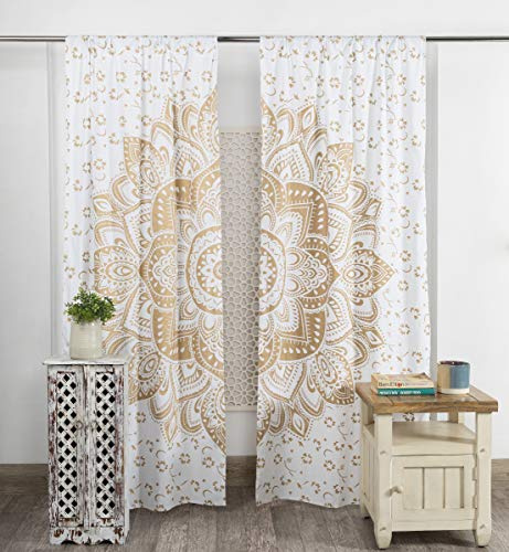 Popular Handicrafts Bedruckte Vorhänge, Set mit 2 Stück, indisches Hippie-, Bohemian-Stil, schöne Ombré-Farbe, Mandala-Vorhangpaneele, Weißgold