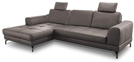 CAVADORE Ledergarnitur Benda / Großes Ecksofa mit XL-Longchair links & Federkern / Inkl. Sitztiefenverstellung & Kopfstützen / 284 x 87 x 175 / Echtleder: graubraun