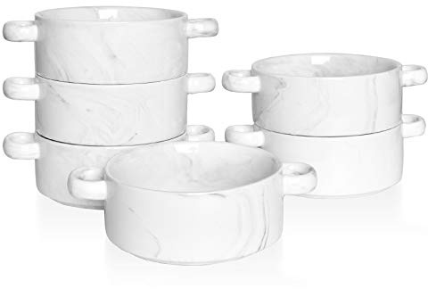 Bosmarlin Ceramic Marbling Souffle Dishes, 10 Oz, Dould Handle Ramekin for Baking, Set of 6 (Marbling Grey, 10 Oz)
