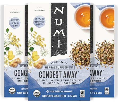 Numi Organic Congest Away Herbal Tea – 48 HerbalTea Bags – Caffeine Free Cooling Blend with Fennel Peppermint Ginger Cinnamon & Licorice for Soothing Respiratory Comfort