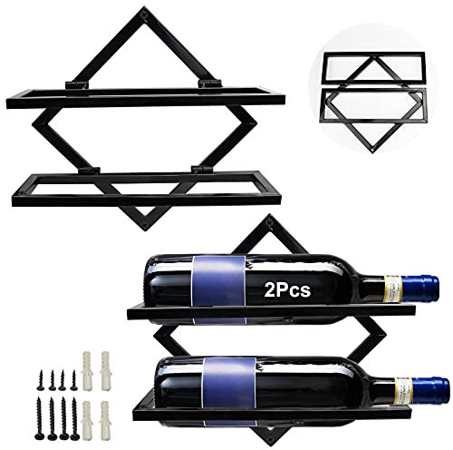 MERYSAN Weinhalter aus Metall zur Wandmontage, Faltbarer hängender Weinregal Organizer für 2 Spirituosenflaschen, Flaschenregal Weinflaschenregal für Home Kitchen Bar Wanddekor (Schwarz 2)…