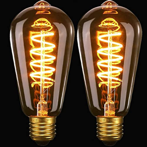 FASUTY Vintage Edison Light Bulb ST64 Dimmable Spiral Flexible LED Bulbs | No Flicker Energy saving LED Filament Bulbs,CRI>95 Decorative Bulbs Amber Glass Warm White 2200K, Retro E27 Screw-2 PACK