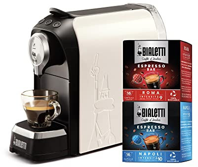 Bialetti Super, Macchina Caffè Espresso Incluse 32 Capsule, Funziona esclusivamente con Capsule Bialetti, Bianco Latte